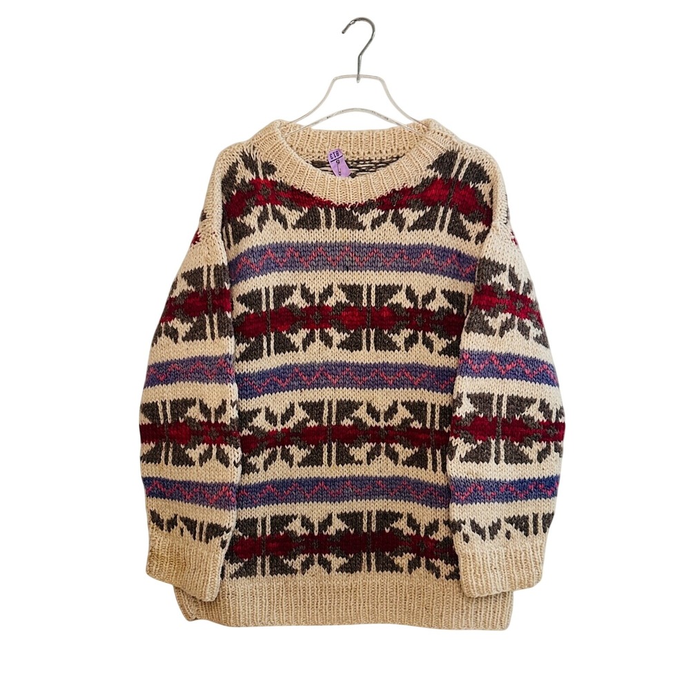 Hand Knit Fair Isle Wool Winter Sweater Vintage Chunky Crew Neck Apres Ski
